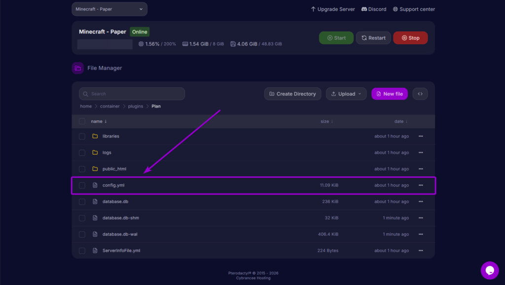 Cybrancee file manager Plan config yml location