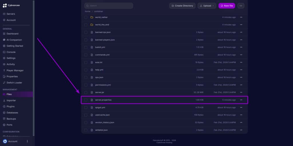 Cybrancee server properties file location