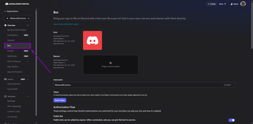 Discord Developer Portal Bot menu