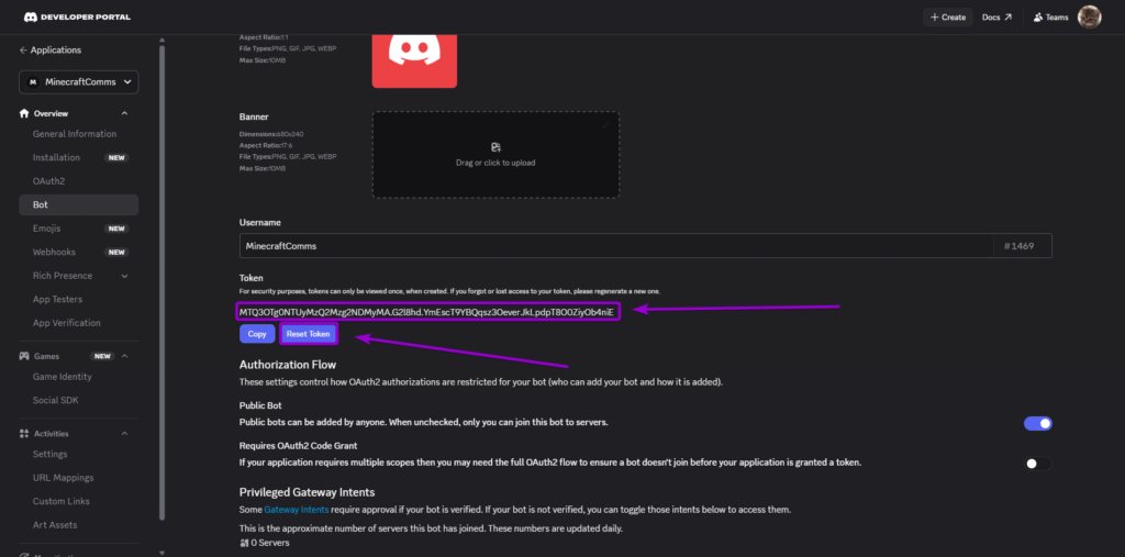 Discord Bot Token section
