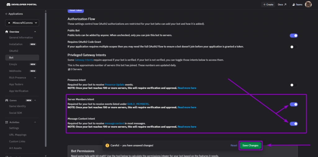 Discord Privileged Gateway Intents toggles