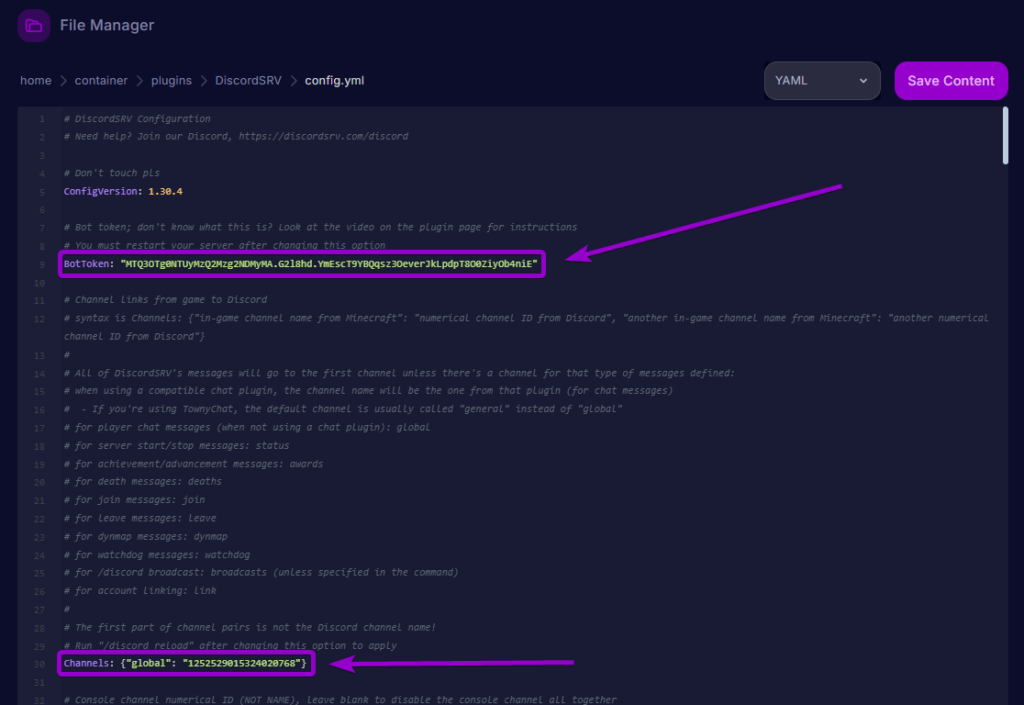 DiscordSRV config.yml file editing