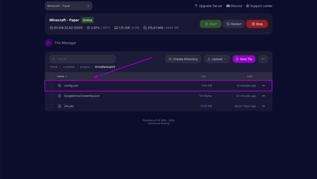 Finding the config.yml file inside the DriveBackupV2 folder to edit backup settings