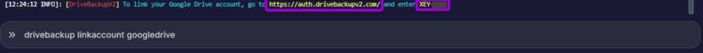 Running the DriveBackupV2 Google Drive link command in the server console