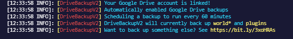 Console message confirming Google Drive is successfully linked to DriveBackupV2