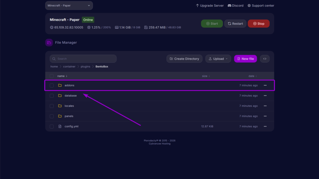 Minecraft file manager BentoBox addons folder location