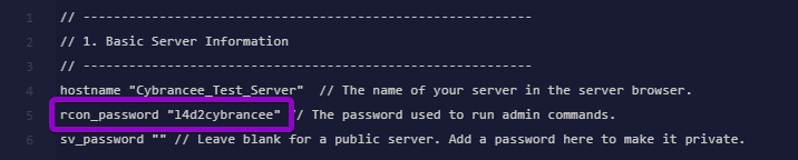 Highlighting the rcon_password line in the server config to secure admin privileges