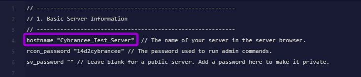 Highlighting the hostname setting in the server.cfg file to change the Left 4 Dead 2 server name