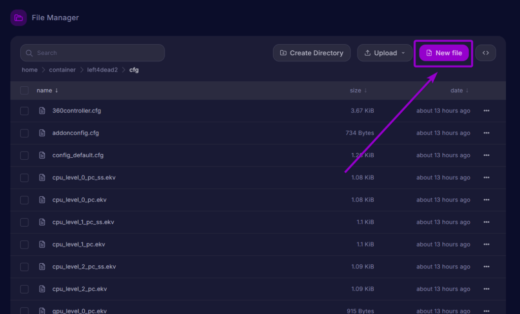 Clicking the New file button inside the cfg folder to create a server config file