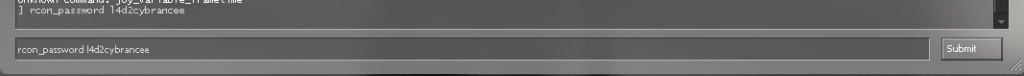 Typing the rcon_password command into the developer console to log in as a server admin