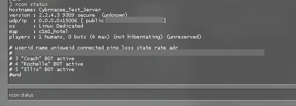 Running the rcon status command to view active players and server details in Left 4 Dead 2