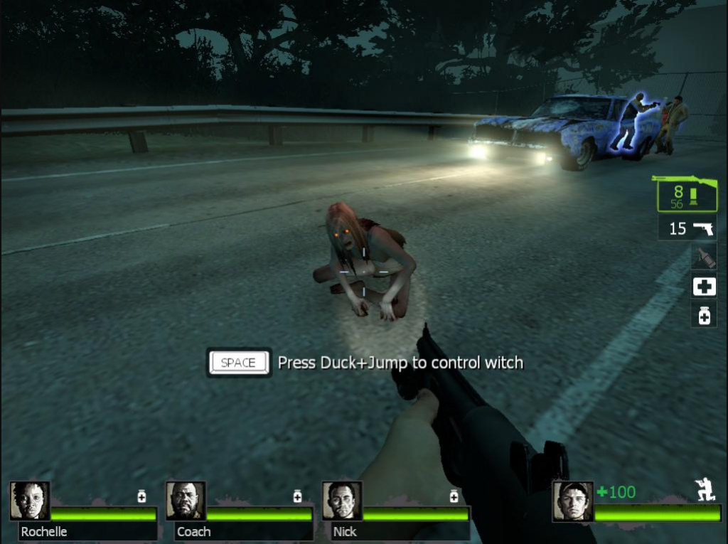 In-game screenshot showing a player aiming at a Witch with an on-screen prompt to Press Duck+Jump to control witch