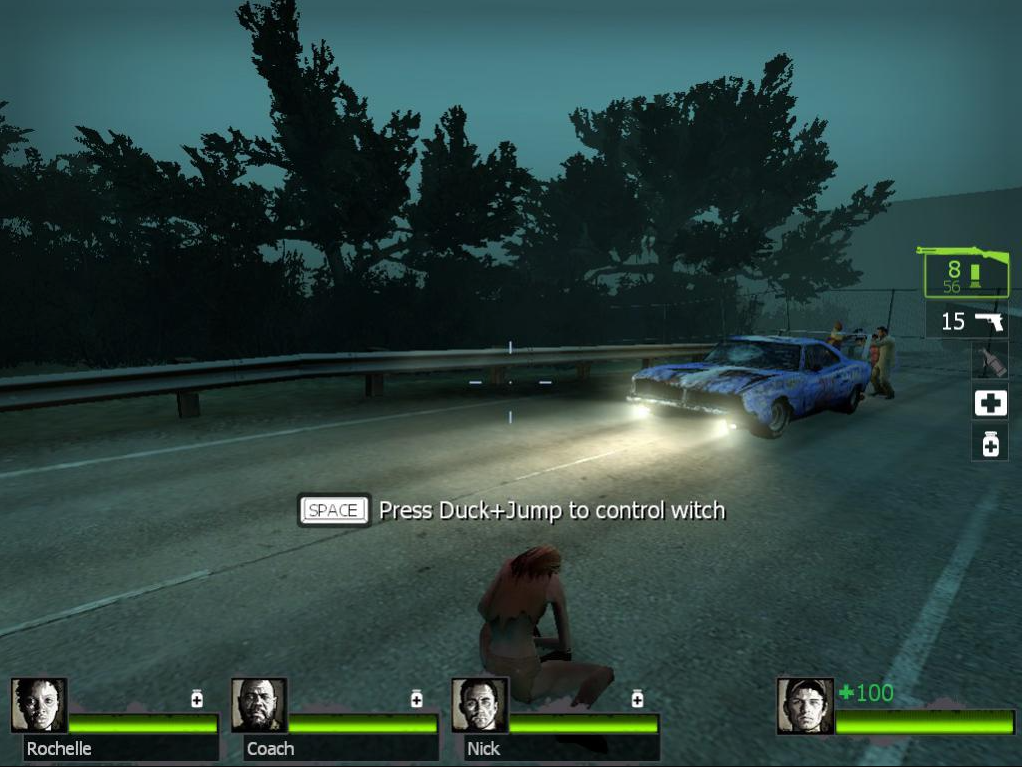 In-game screenshot showing a player aiming at a Witch with an on-screen prompt to Press Duck+Jump to control witch