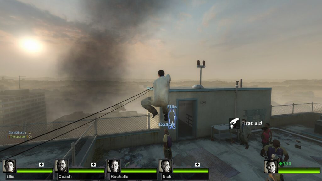 In-game screenshot of a survivor using the double jump ability to leap high above a rooftop in third-person view