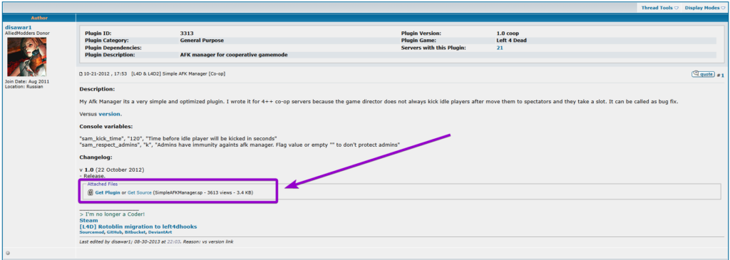 Clicking the Get Plugin link on the AlliedModders forum to download the Simple AFK Manager