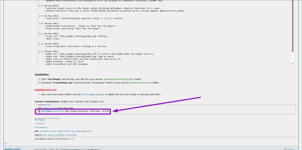 Downloading the l4d2_charger_steering plugin file from the AlliedModders forum