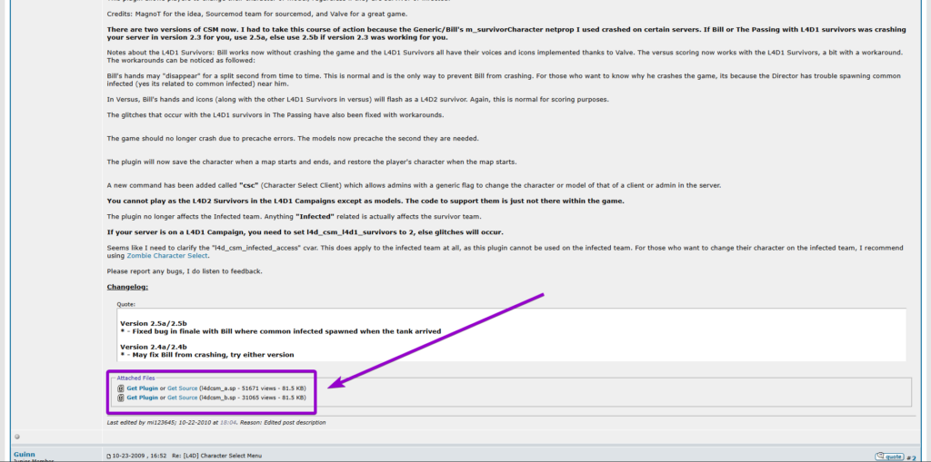 Downloading the l4dcsm_a and l4dcsm_b plugin files from the AlliedModders forum