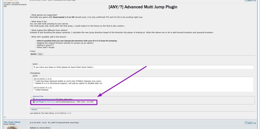 Downloading the advanceddoublejump.smx plugin file from the AlliedModders forum