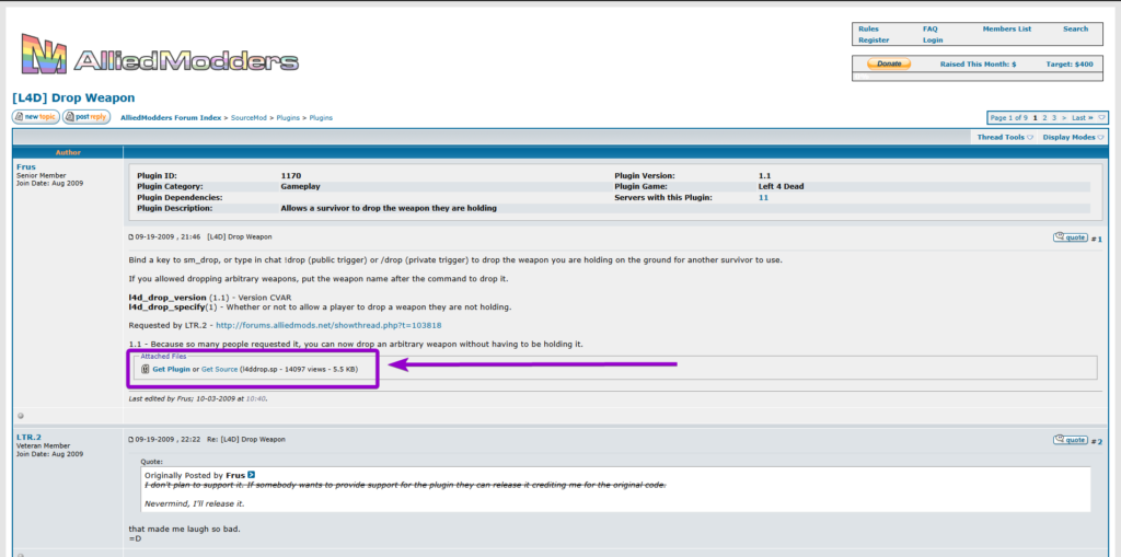 Downloading the l4ddrop plugin file from the AlliedModders forum