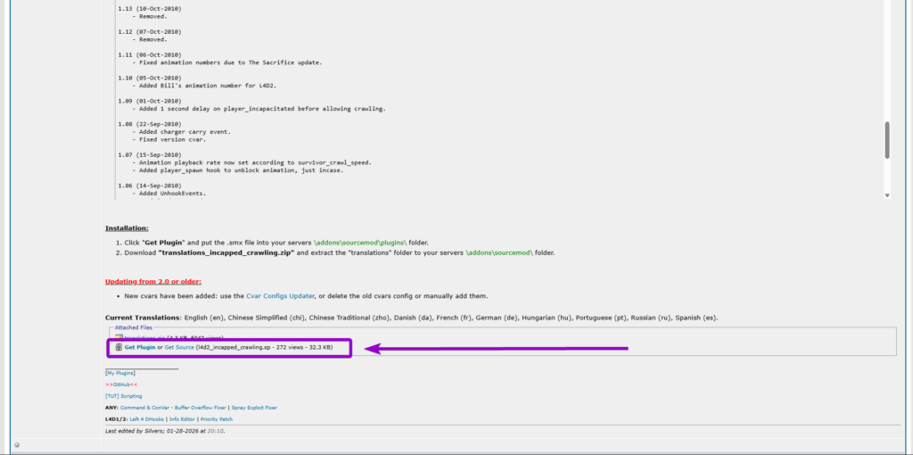 Downloading the l4d2_incapped_crawling.smx plugin file from the AlliedModders forum