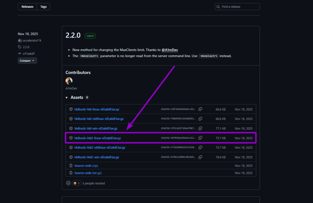 Selecting the L4D2 Linux tar.gz release from the L4DToolZ GitHub repository