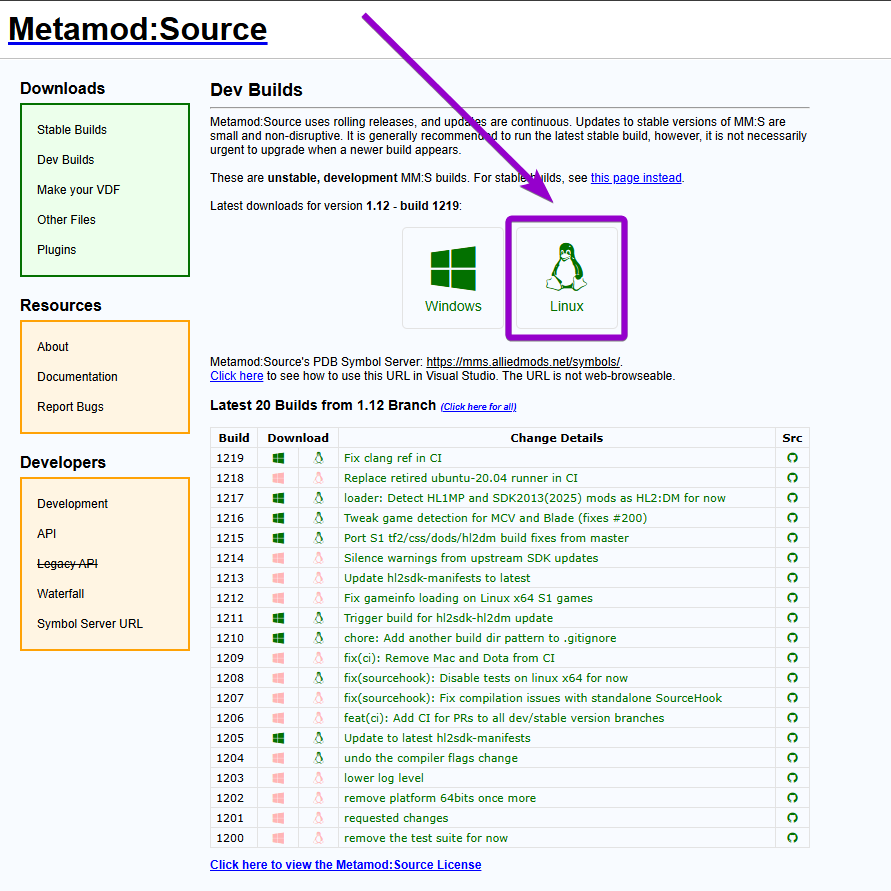 Downloading the Linux version of the MetaMod framework from the official website