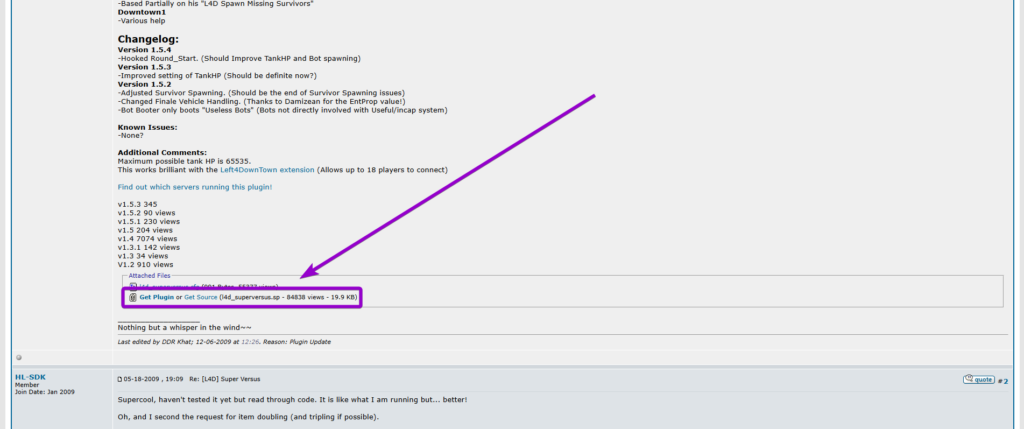 Clicking the Get Plugin link on the AlliedModders forum to download SuperVersus