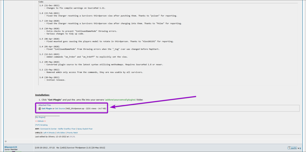 Downloading the Survivor Thirdperson plugin from the AlliedModders forum