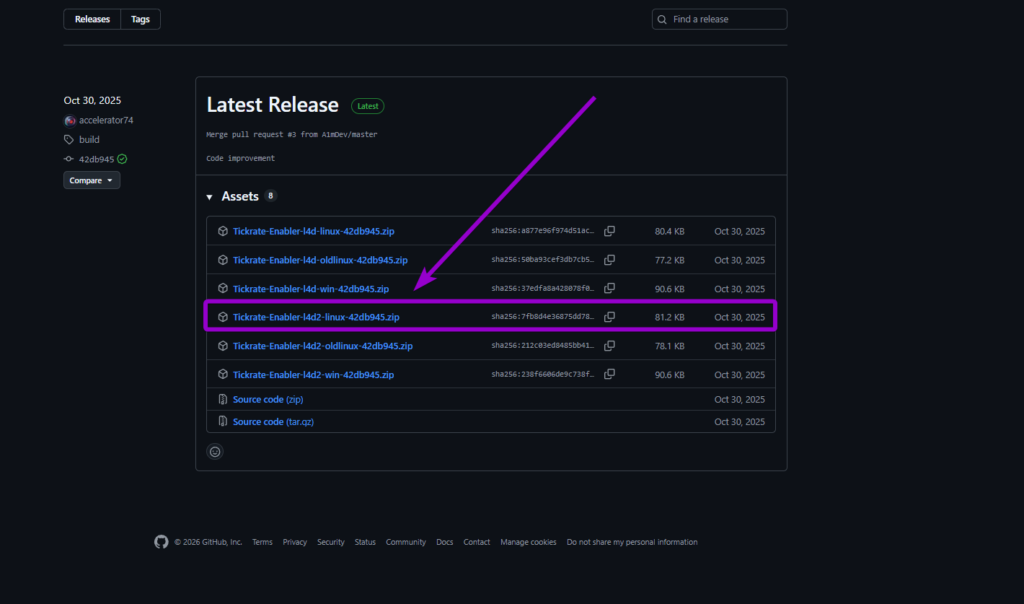 Selecting the Linux zip release from the Tickrate Enabler GitHub repository