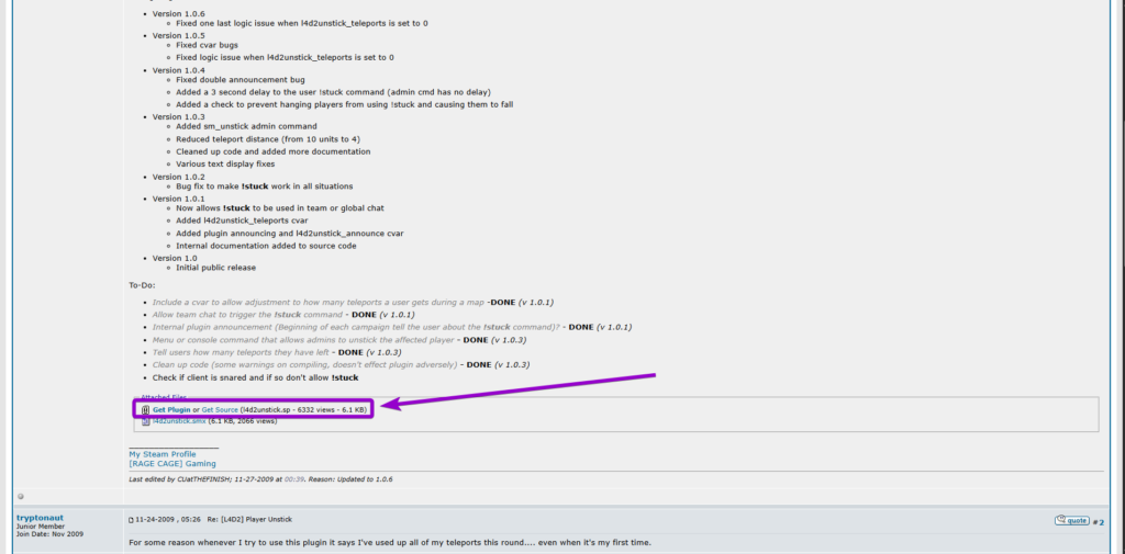 Downloading the l4d2unstick.smx plugin file from the AlliedModders forum