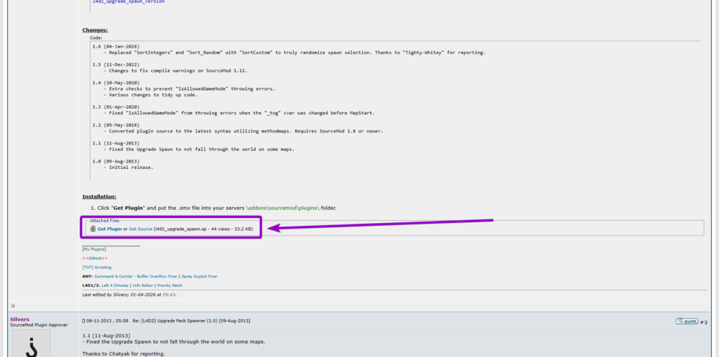 Downloading the l4d2_upgrade_spawn plugin file from the AlliedModders forum