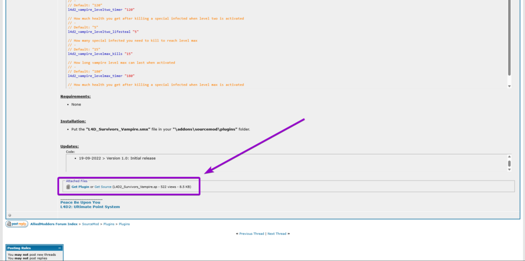 Downloading the L4D2_Survivors_Vampire plugin file from the AlliedModders forum