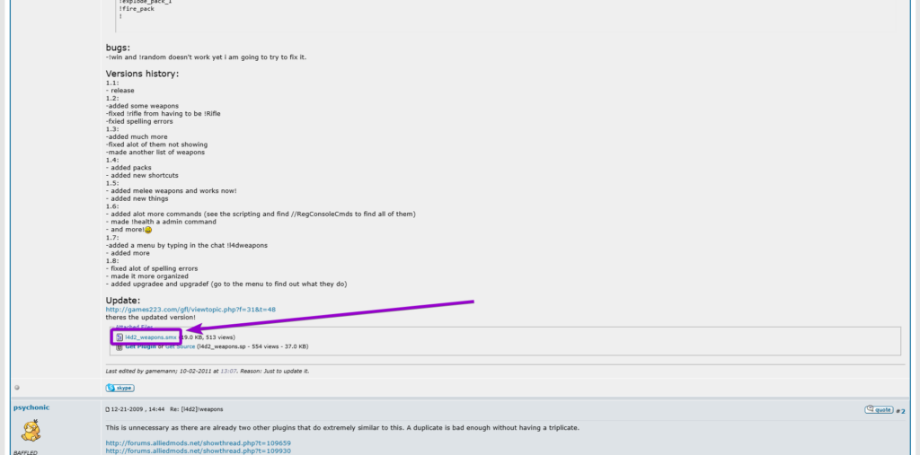 Downloading the l4d2_weapons.smx plugin file from the AlliedModders forum