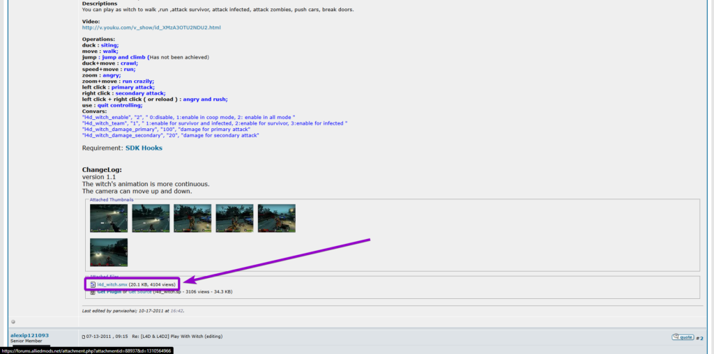 Downloading the l4d_witch.smx plugin file from the AlliedModders forum