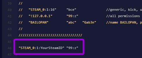 Adding the Steam ID and root admin z flag to the bottom of the admins_simple.ini file