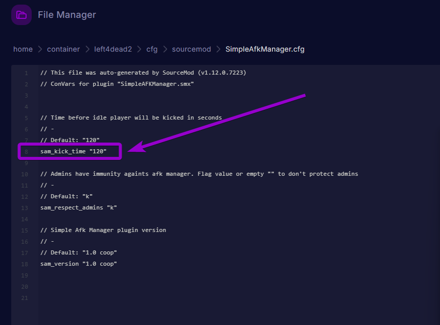Editing the SimpleAfkManager.cfg file to adjust the kick time