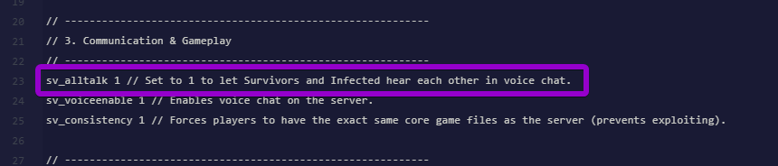 Adding the all-talk voice chat command into the server.cfg file