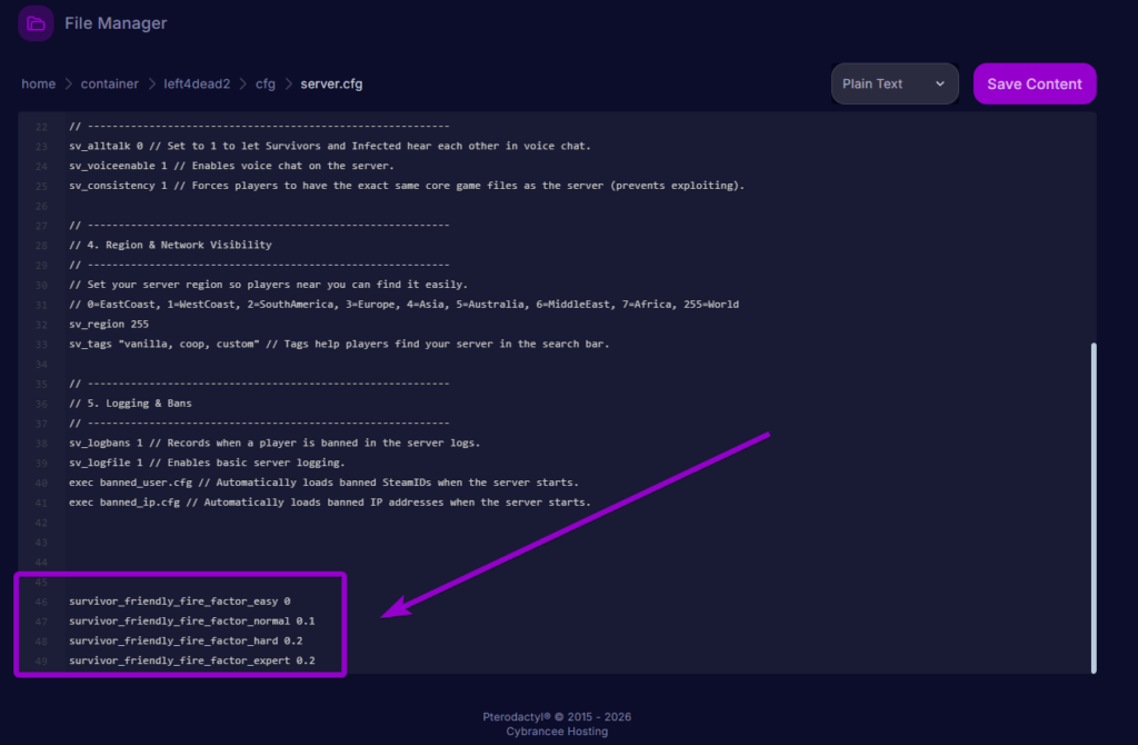 Adding the survivor friendly fire factor commands to the server.cfg file using the built-in text editor to customize team damage