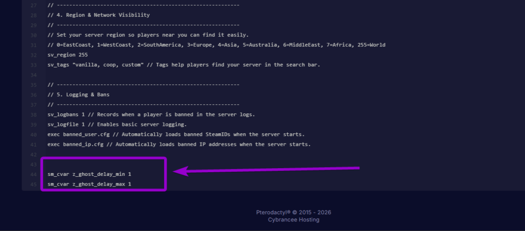 Adding the ghost delay commands into the server.cfg file using the built-in text editor to speed up infected respawns