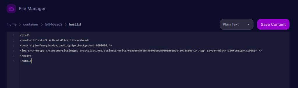 Pasting the custom HTML structure and image URL into the host.txt file