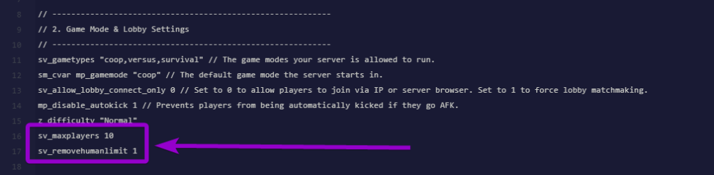 Adding the sv_maxplayers and sv_removehumanlimit commands to the server.cfg file