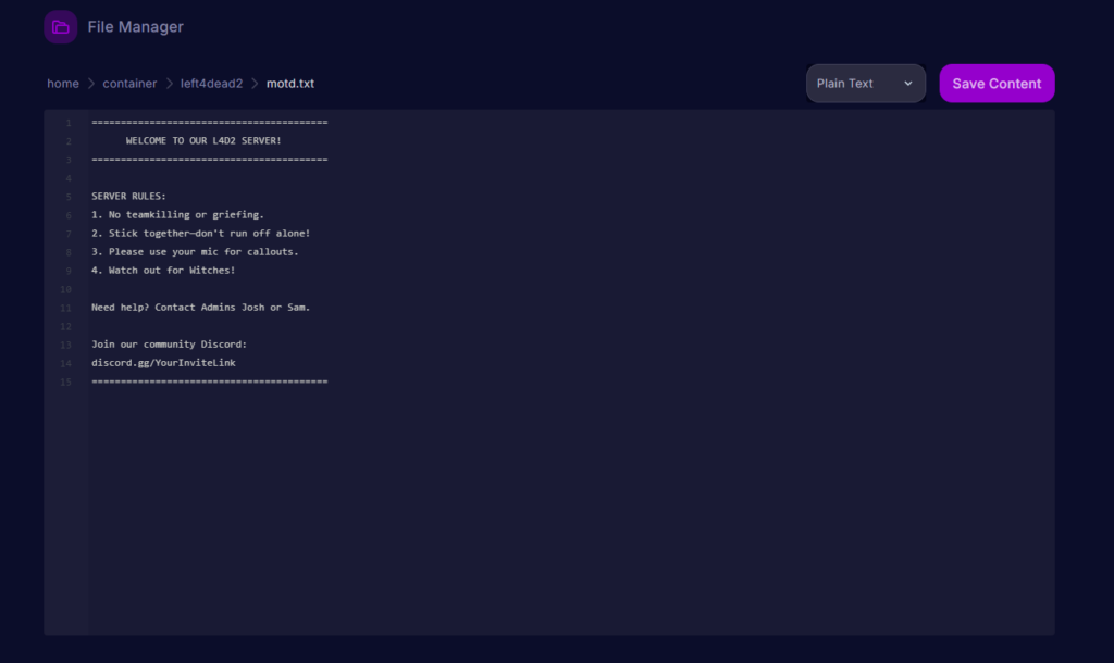 Pasting a custom welcome message and server rules into the motd.txt file using the server file manager text editor