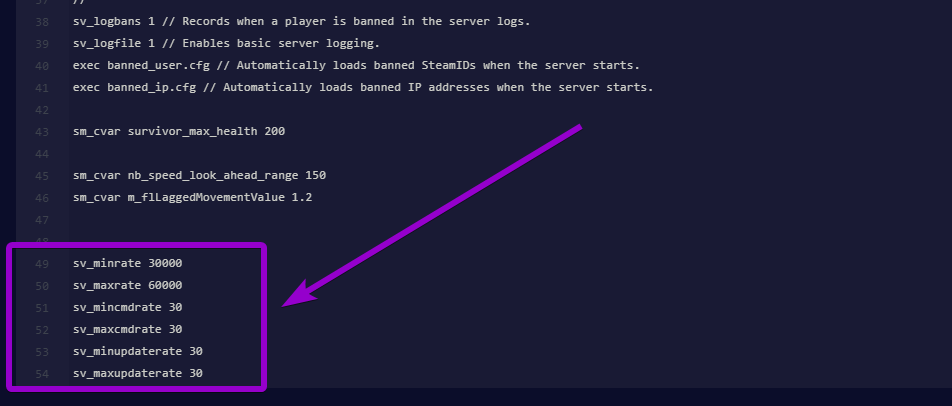 Adding optimal network rate and bandwidth commands to the server.cfg file to reduce lag
