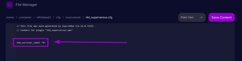 Editing the l4d_superversus.cfg file to change the survivor limit to 8