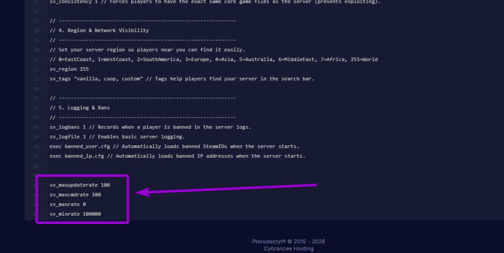 Adding the high tickrate network commands to the server.cfg file using the built-in text editor