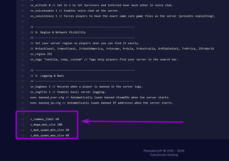 Adding the common limit and mega mob size commands to the server.cfg file using the built-in text editor to increase zombie spawns