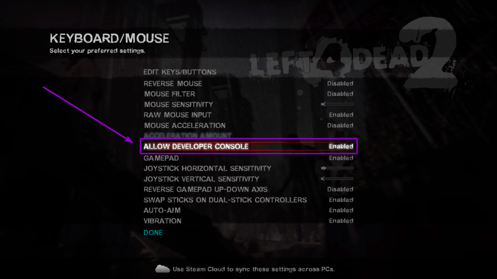 Changing the Allow Developer Console setting to Enabled in Left 4 Dead 2