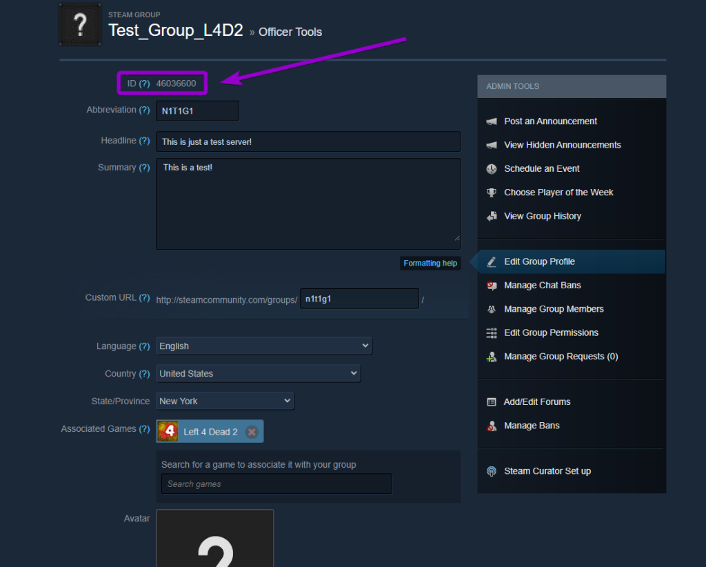 Locating the unique Steam Group ID number within the Officer Tools of a Steam Group profile