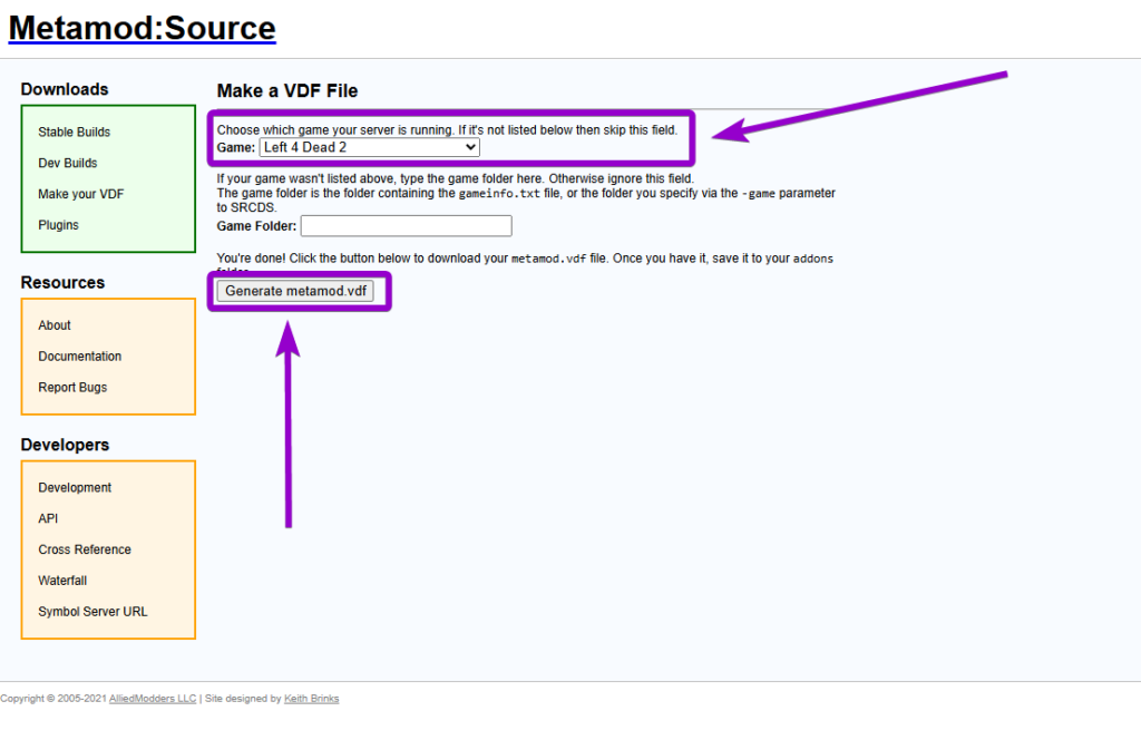 Generating a Left 4 Dead 2 specific metamod.vdf file using the official web tool