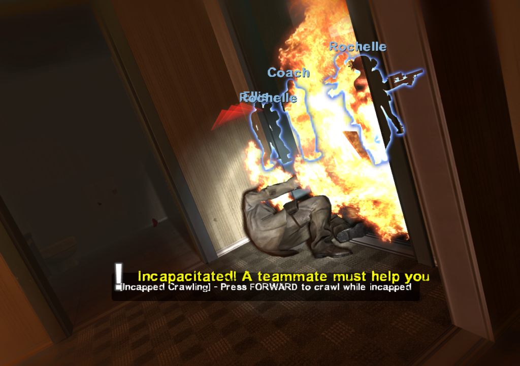 In-game screenshot of a downed survivor crawling away from a fire, with the prompt showing "Press FORWARD to crawl while incapped"